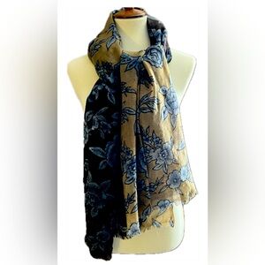 Tissue weight wool scarf/shawl brown, blue, moss gold, floral 29”x72”